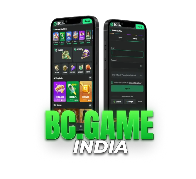 BC.GAME India platform with mobile casino games, sports betting and registration interface.