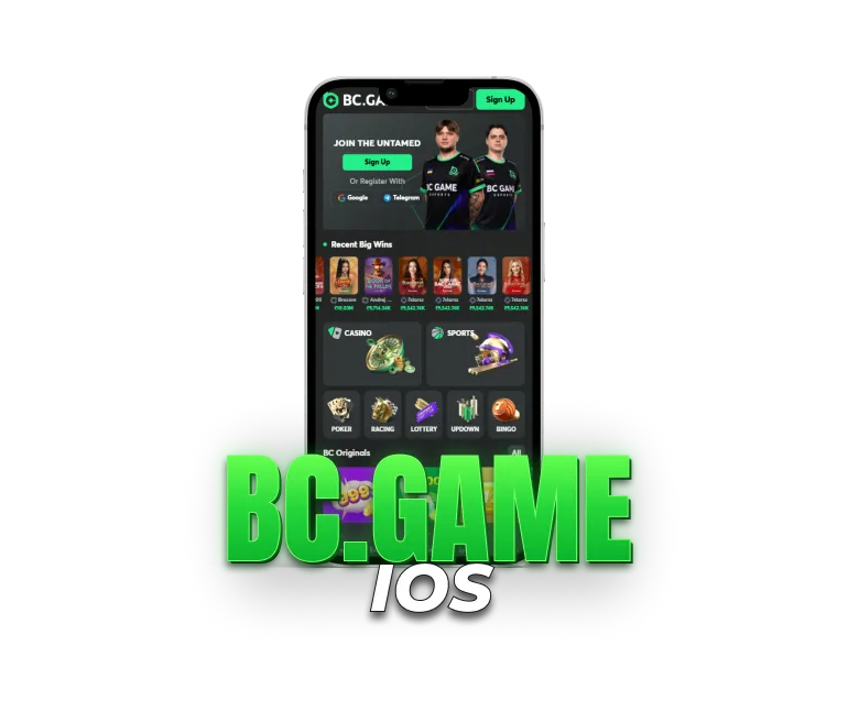 iOS casino app interface with casino games and sports sections.